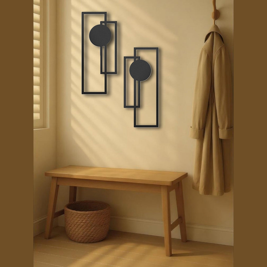 image Wooden bench with a woven basket, wall art, and a coat in a room.