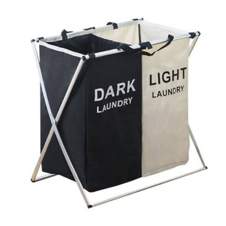 Two-tone laundry basket with 'Dark Laundry' and 'Light Laundry' labels on a white background
