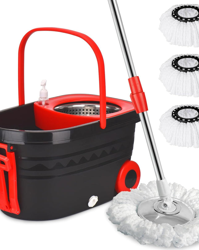Spin Mop and Bucket Set – 360° Spinning Floor Mop with Microfiber Heads for All Hard Surfaces