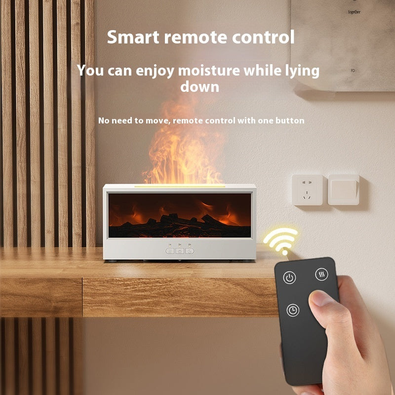 image Smart remote control device with a screen displaying a fiery scene, placed on a wooden surface.