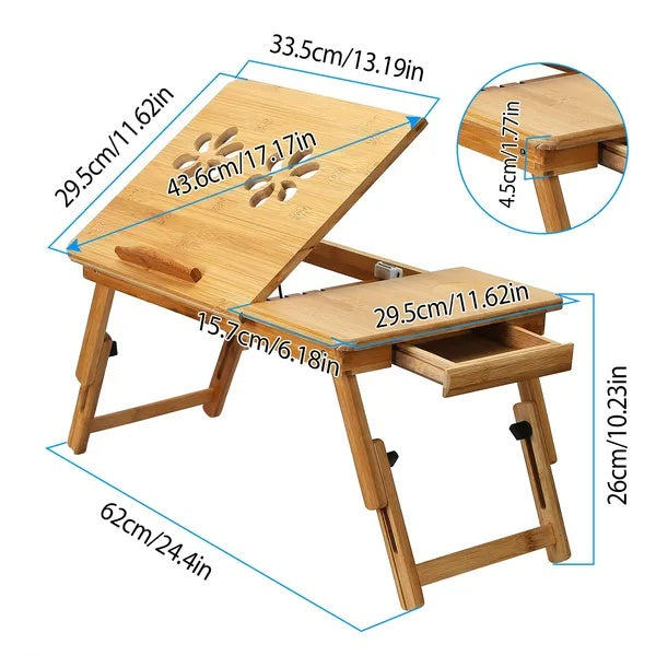 image Wooden adjustable laptop desk with dimensions labeled on a white background