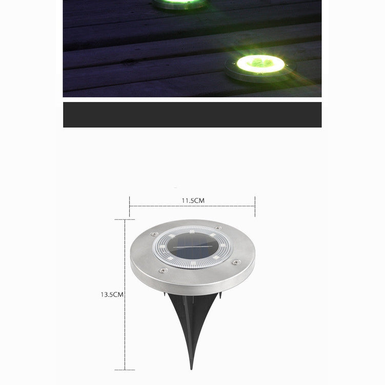 image Solar-powered ground lights emitting green light on a wooden surface, with a measurement diagram of the light fixture.