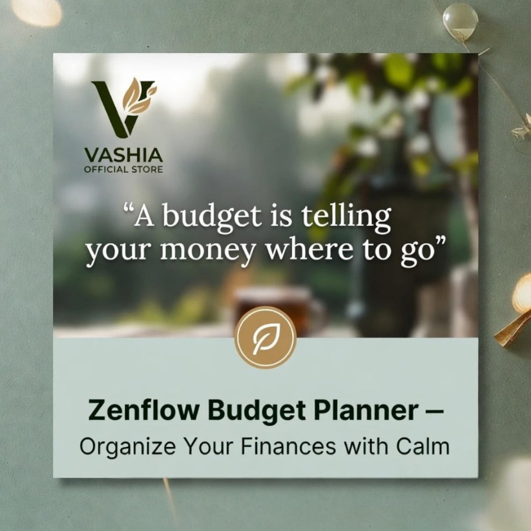 Advertisement for Vashia Zenflow Budget Planner with a blurred outdoor background