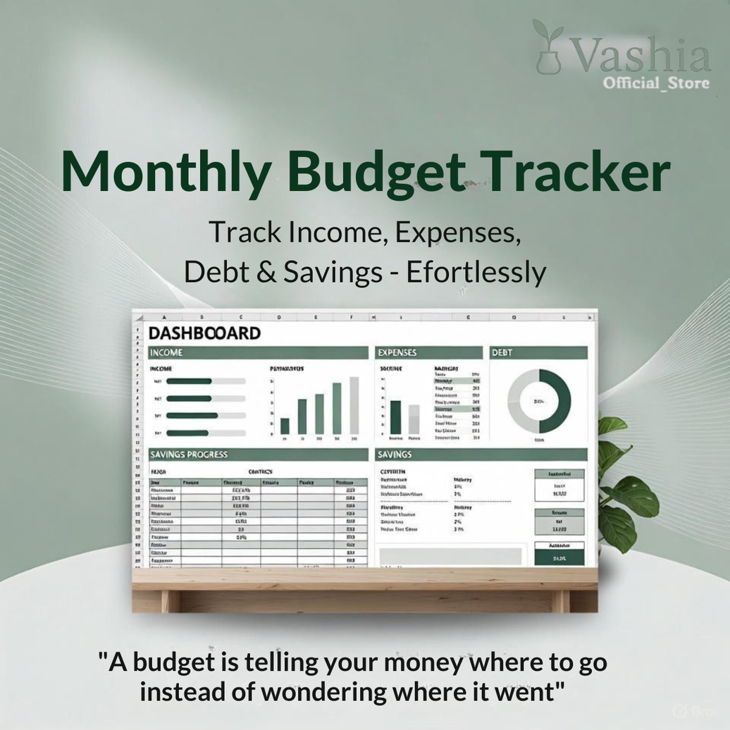 Monthly budget tracker dashboard with Vashia branding on a light green background
