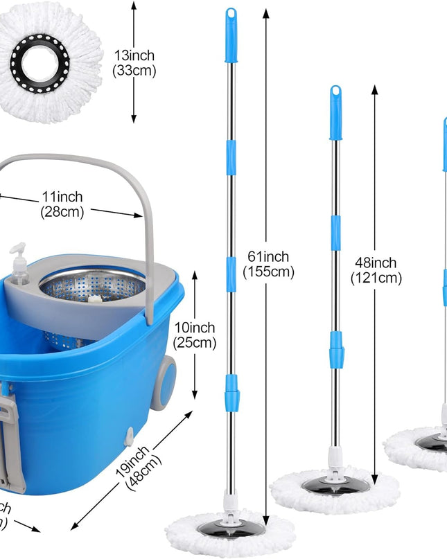 Spin Mop and Bucket Set – 360° Spinning Floor Mop with Microfiber Heads for All Hard Surfaces
