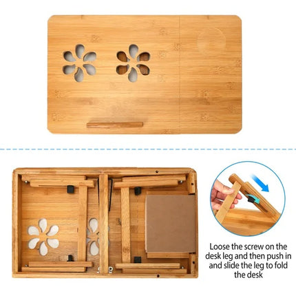 Bamboo Laptop Desk Breakfast Serving Bed Tray Foldable Leg Multi-Position Adjustable Tilt Surface Bed Lap Tray