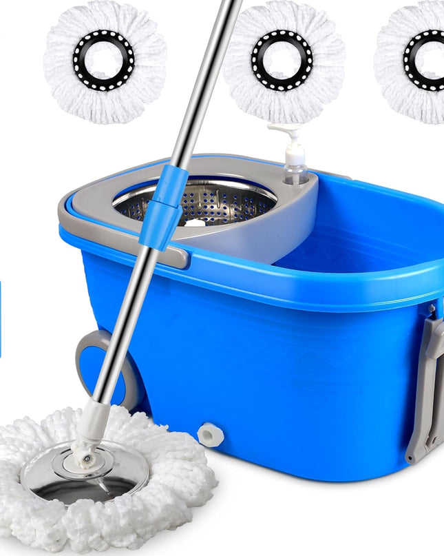 Spin Mop and Bucket Set – 360° Spinning Floor Mop with Microfiber Heads for All Hard Surfaces
