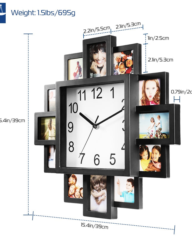 12-Picture Frame Wall Clock – Decorative Picture of a Clock Collage | Photo Frame Clock with Quartz Movement