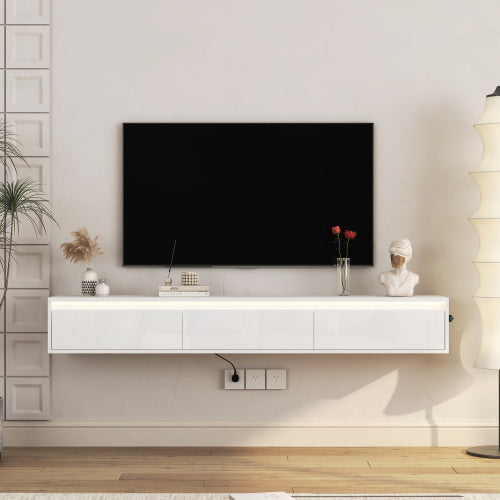 Floating TV Stand, Wall Mounted TV Shelf With Led Lights & Power Outlet,High Gloss TV Cabinet For Tv Stands For Living Room