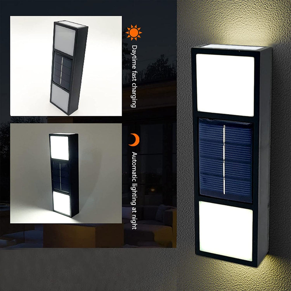 Solar wall light with day and night functionality on a textured wall.