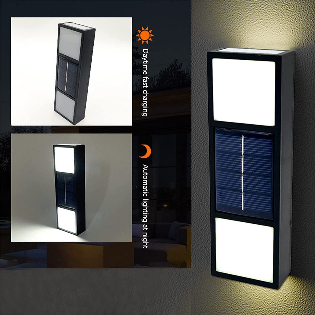 image Solar wall light with day and night functionality on a textured wall.