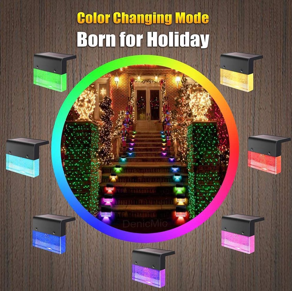 Color-changing outdoor lights with a festive scene on a wooden background