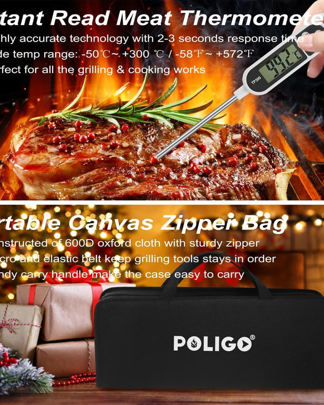 POLIGO 29 PCS BBQ Grill Accessories Stainless Steel BBQ Tools Grilling Tools Set With Storage Bag For Fathers Day Dads Birthday Presents - Camping Grill Utensils Set Ideal Grilling Gifts For Men Women