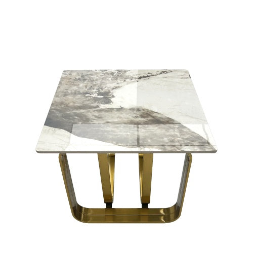 Rectangular End Table With Sintered Stone Top, Gold Metal Frame For Living Room