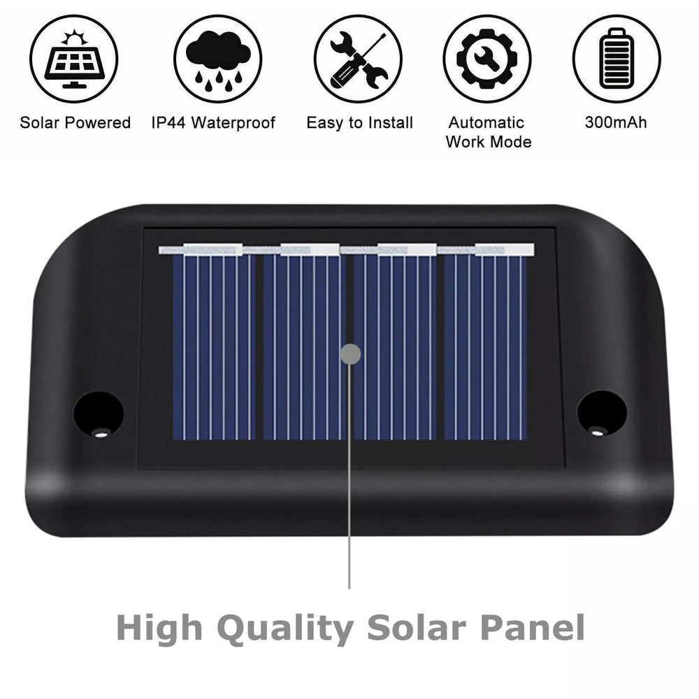 4 Solar Bright Led Deck Lights solar panel, IP44 waterproof, easy to install, automatic work mode, 300mAh battery.