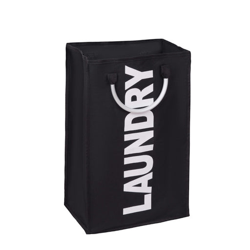 Black laundry basket with 'LAUNDRY' text on a white background