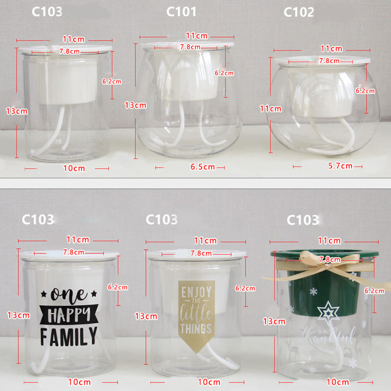 Glass jars with measurements and text labels on a white background