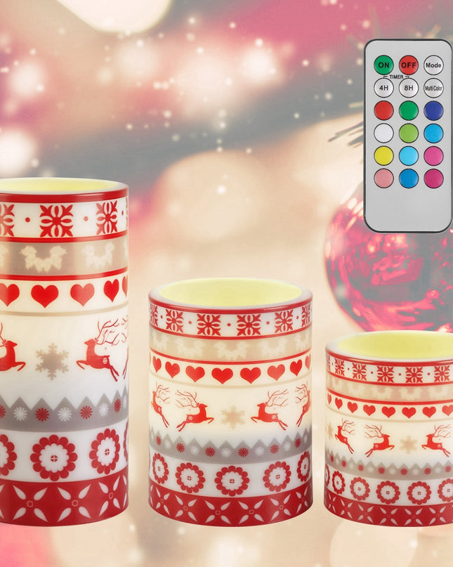 3Pack Christmas Flameless LED Candles Deer Flickering Candle Lights Pillar Candles With 3 Lighting Modes Timer Remote Control