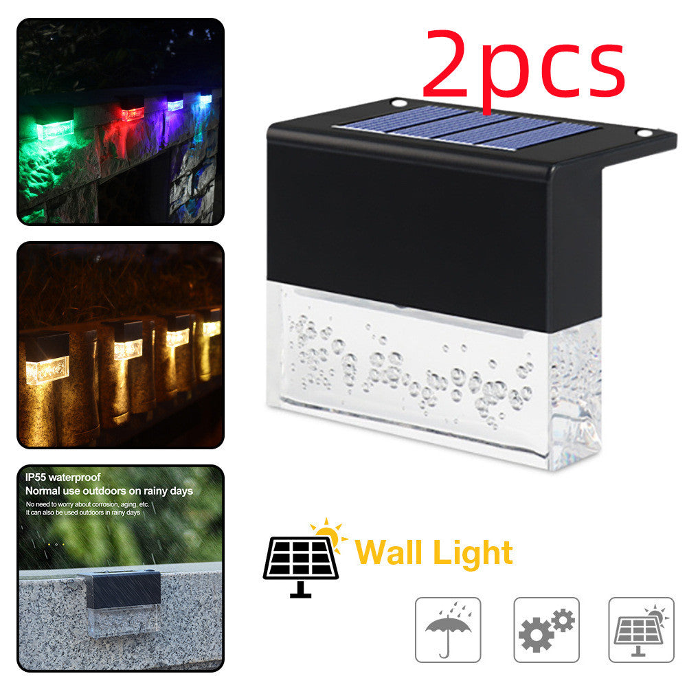 Solar wall light with colorful LED display and outdoor usage examples.