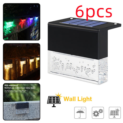 Solar wall light with colorful LED display and waterproof features, shown with packaging and usage examples.