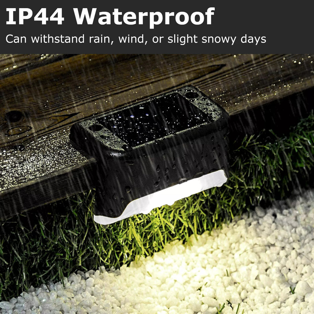 4 Solar Bright Led Deck Lights solar panel, IP44 waterproof, easy to install, automatic work mode, 300mAh battery.