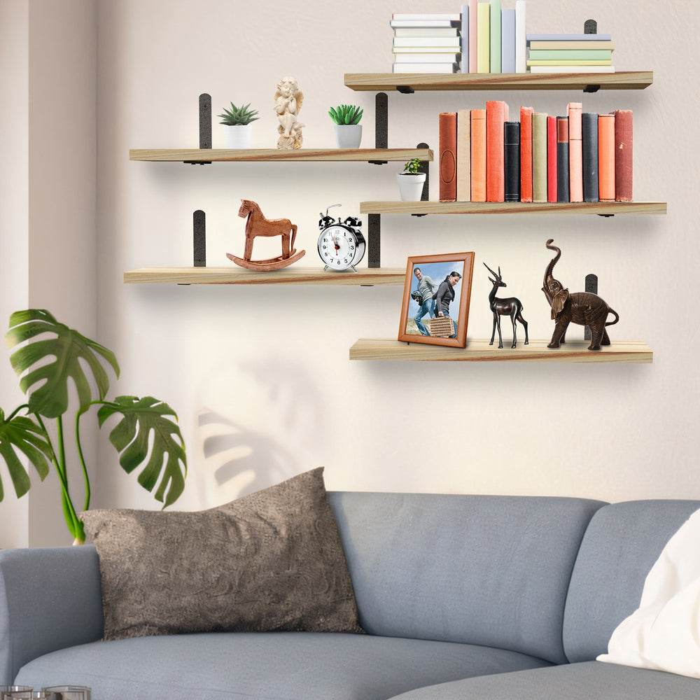 Floating Wall Shelves displaying books, plants, and decorative items in a stylish living room.