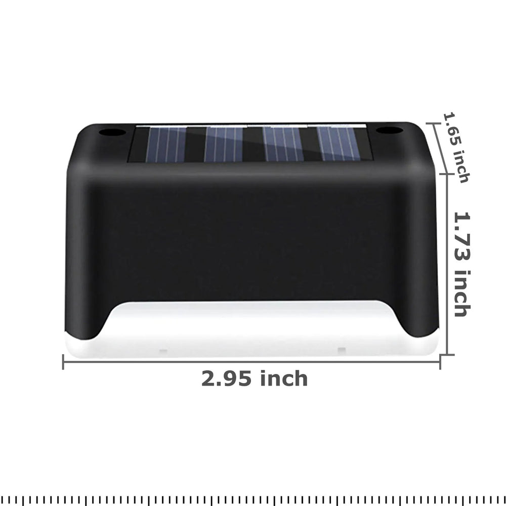 4 Solar Bright Led Deck Lights showing dimensions of 2.95 inches width, 1.73 inches height, and 1.65 inches depth.