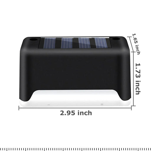 4 Solar Bright Led Deck Lights showing dimensions of 2.95 inches width, 1.73 inches height, and 1.65 inches depth.