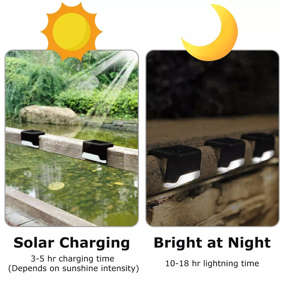 4 Solar Bright Led Deck Lights solar panel, IP44 waterproof, easy to install, automatic work mode, 300mAh battery.