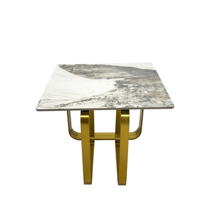 Rectangular End Table With Sintered Stone Top, Gold Metal Frame For Living Room