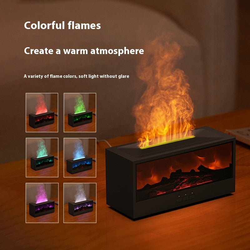 Colorful flame display with various light colors on a wooden surface.