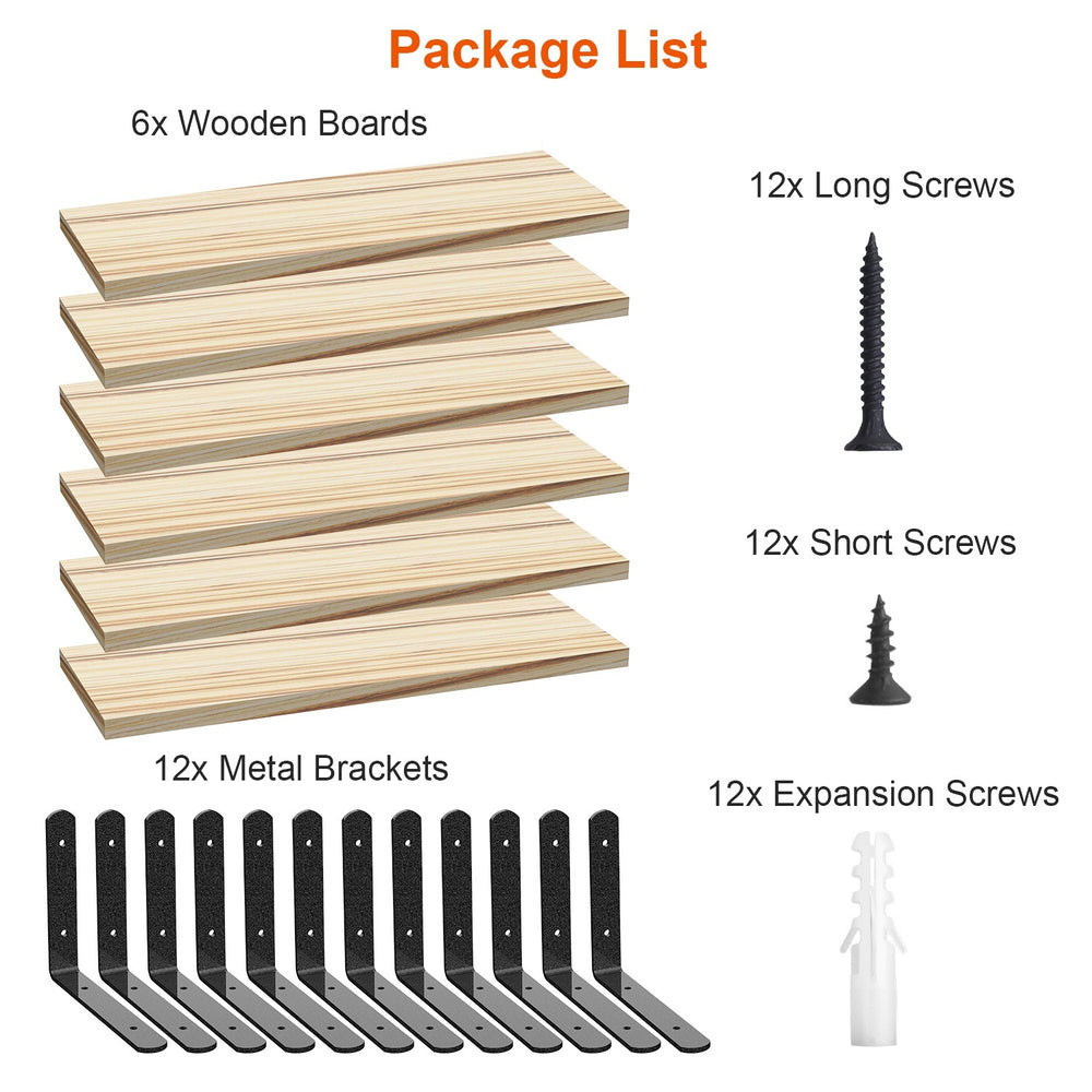 Floating Wall Shelves package list including 6 wooden boards, screws, metal brackets, and expansion screws.