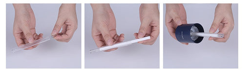 Three-step process of using a pen with a cap, showing the cap being removed and then reattached.