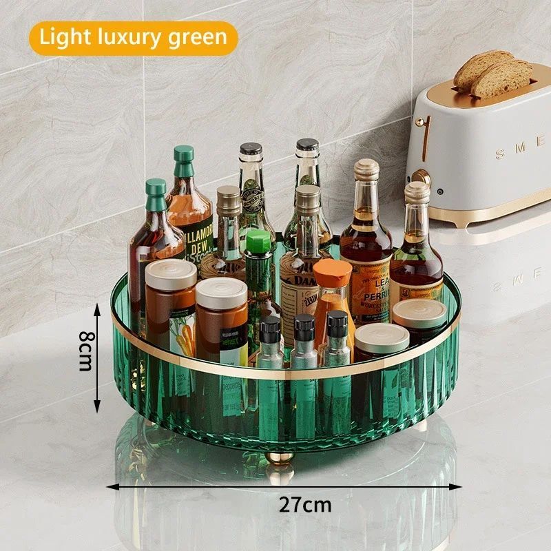 Green round tray with bottles on a kitchen counter, dimensions indicated.