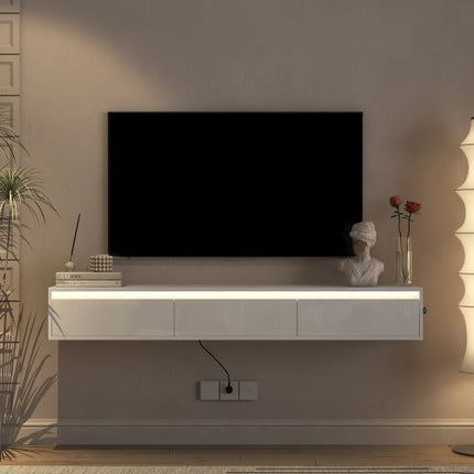 Floating TV Stand, Wall Mounted TV Shelf With Led Lights & Power Outlet,High Gloss TV Cabinet For Tv Stands For Living Room