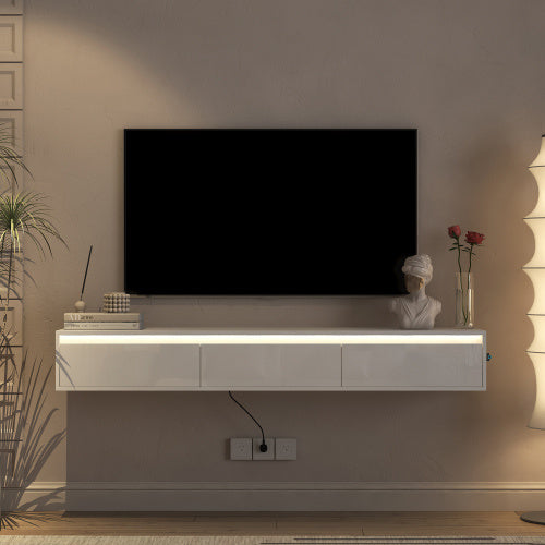 Floating TV Stand, Wall Mounted TV Shelf With Led Lights & Power Outlet,High Gloss TV Cabinet For Tv Stands For Living Room