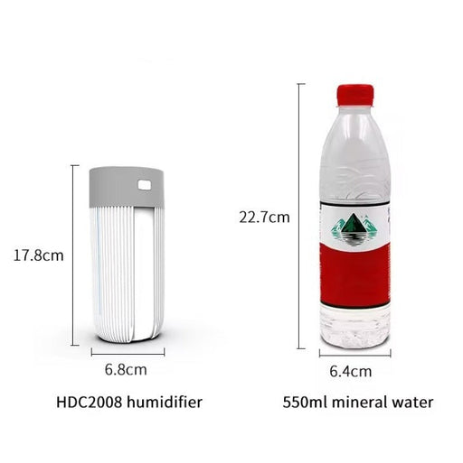 Comparison of HDC2008 humidifier size with a 550ml mineral water bottle on a white background.