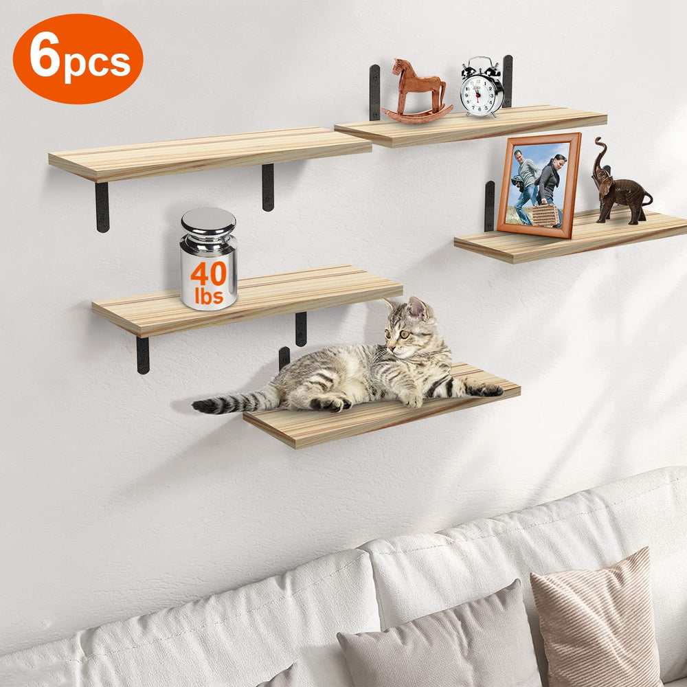 Floating Wall Shelves set of 6 with a cat lounging on them, displaying decor and storage options for modern home.