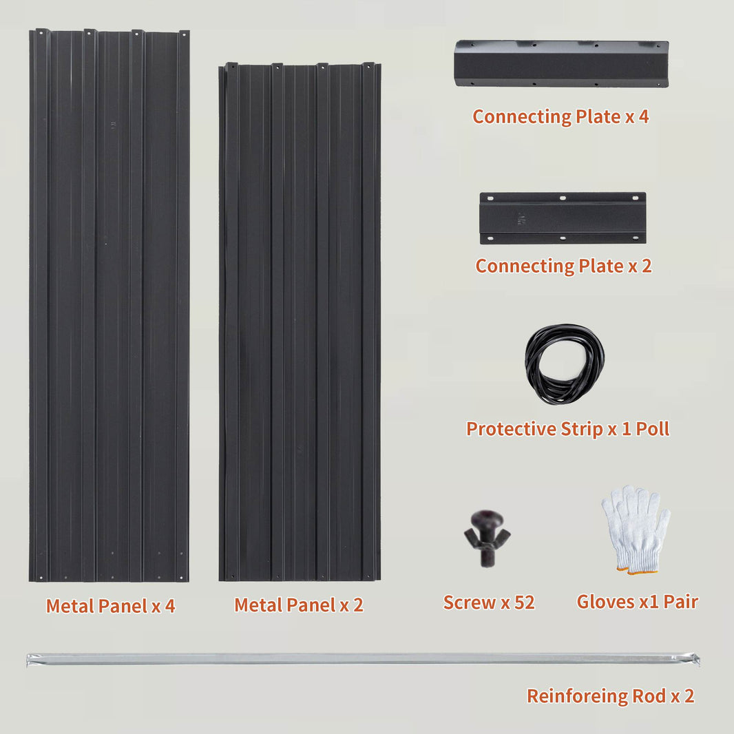 image Set of metal panels, connecting plates, protective strip, screw, gloves, and reinforcing rod on a light gray background.