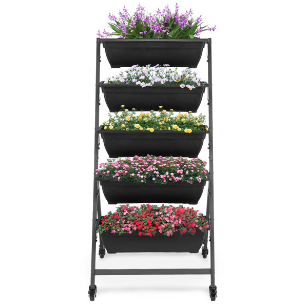 65x60x130cm 5 Layers With Wheels Black PE Planter Pot