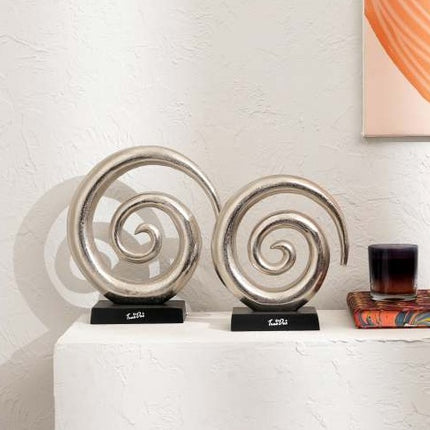 Aluminum Swirl Abstract Sculptures With Black Base  Modern Decor, Set Of 2