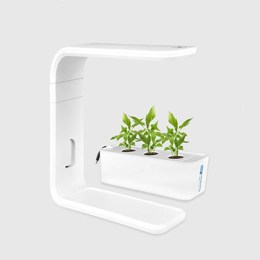 White indoor gardening system with three green plants on a light gray background