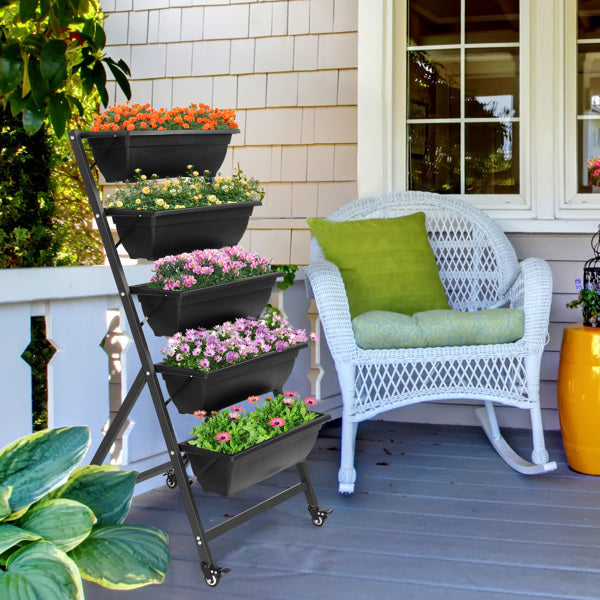 65x60x130cm 5 Layers With Wheels Black PE Planter Pot