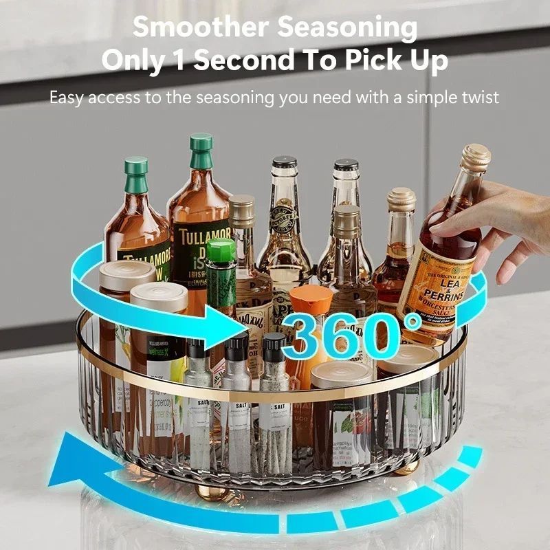 Beverage and seasoning rack with various bottles on a countertop, featuring text about ease of access.