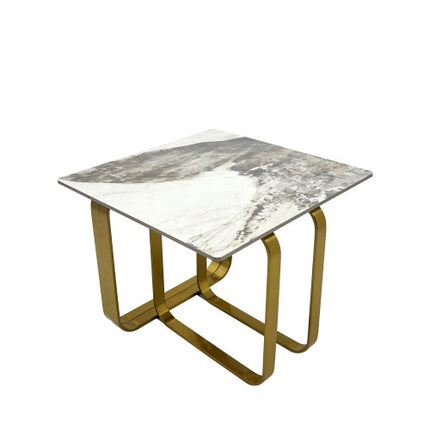 Rectangular End Table With Sintered Stone Top, Gold Metal Frame For Living Room