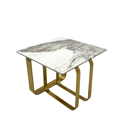 Rectangular End Table With Sintered Stone Top, Gold Metal Frame For Living Room