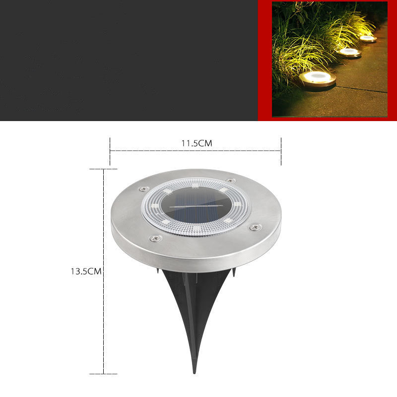 Solar garden light with dimensions and inset showing lights in use