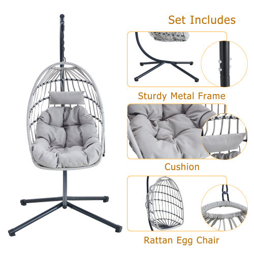 GRHeavy-Duty Iron Hanging Chair With Wicker Weave   Single Person Swing For Indoor  Outdoor Gray