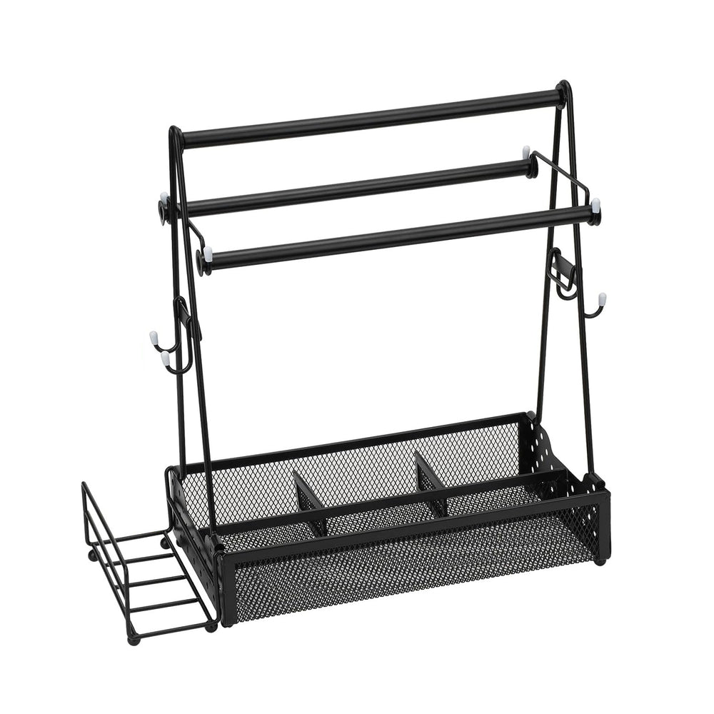 Black metal wall-mounted organizer with shelves and hooks on a white background