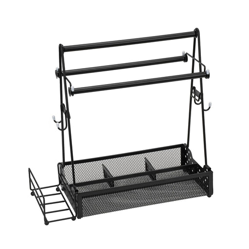 Black metal wall-mounted organizer with shelves and hooks on a white background